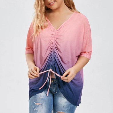 3/4 Sleeve Hit Color V Neck Plus Size Casual Tops