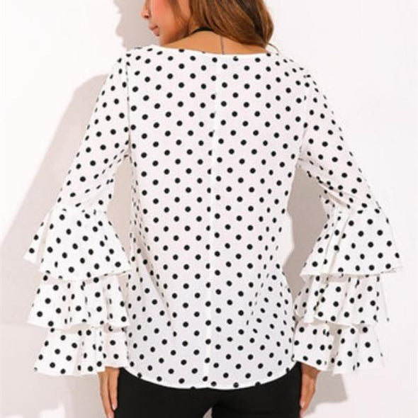 Chiffon Long Pagoda Sleeve Dots Round neck Blouses