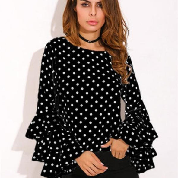 Chiffon Long Pagoda Sleeve Dots Round neck Blouses