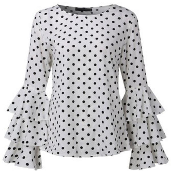 Chiffon Long Pagoda Sleeve Dots Round neck Blouses