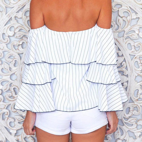 Bell sleeve Frill sleeve Stripe Off Shoulder Blouses