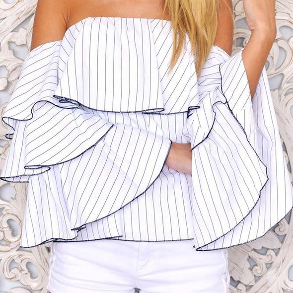 Bell sleeve Frill sleeve Stripe Off Shoulder Blouses