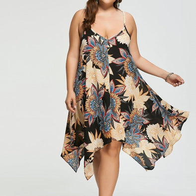 Chiffon Sleeveless Cold Shoulder Print Plus size casual Dresses