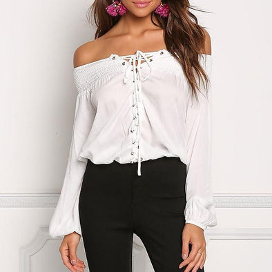 Chiffon Long Sleeve Off Shoulder Bandage Blouses