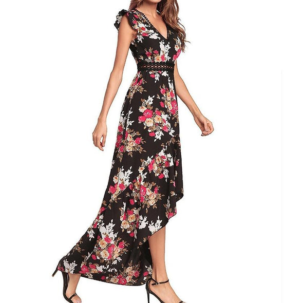 2022 V neck Print high waist slim  maxi dresses