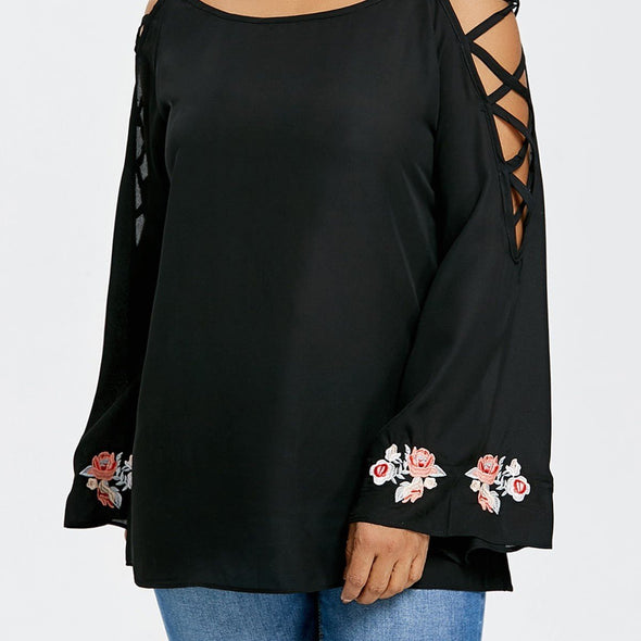 Black Print  Round neck Openwork Plus size Tops