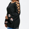 Black Print  Round neck Openwork Plus size Tops