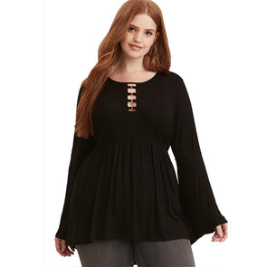 Bell Sleeve Solid Color Round Neck Plus Size Tops