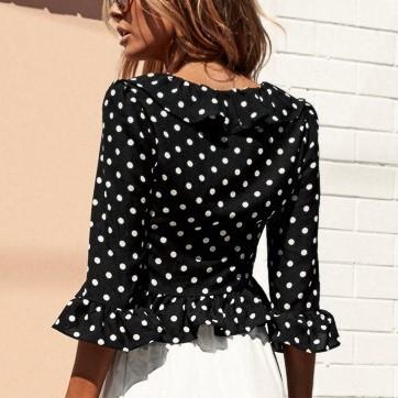 Chiffon 3/4 Sleeve Lotus leaf sleeve Dots Mini V neck Blouses