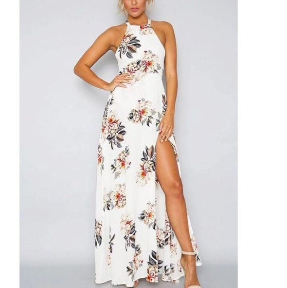 Chiffon Short Sleeve Cold Shoulder Print Split Maxi Dresses