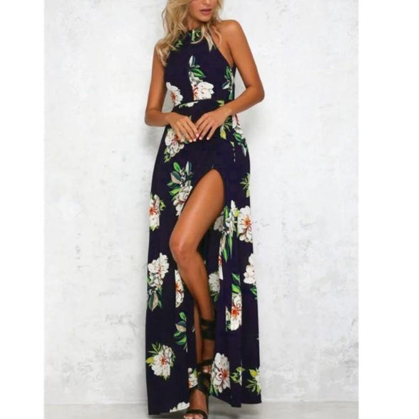 Chiffon Short Sleeve Cold Shoulder Print Split Maxi Dresses