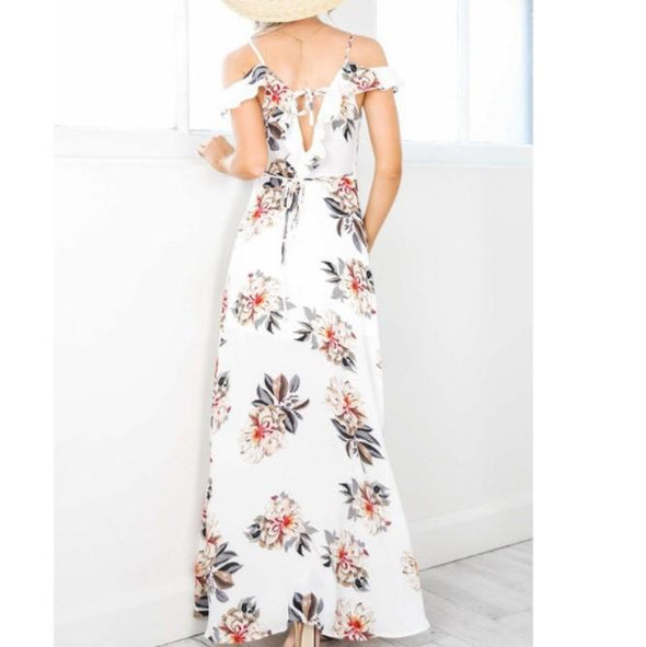 Chiffon Short Sleeve Cold Shoulder Print Split Maxi Dresses