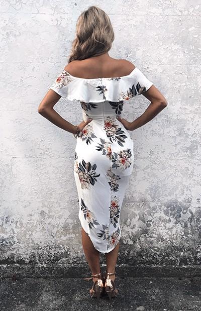 Chiffon Print Off Shoulder Split Maxi Dresses