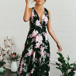 Chiffon Sleeveless Print Bandage V Neck Floral Dresses