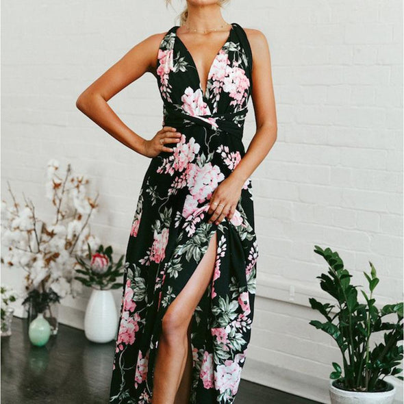 Chiffon Sleeveless Print Bandage V Neck Floral Dresses