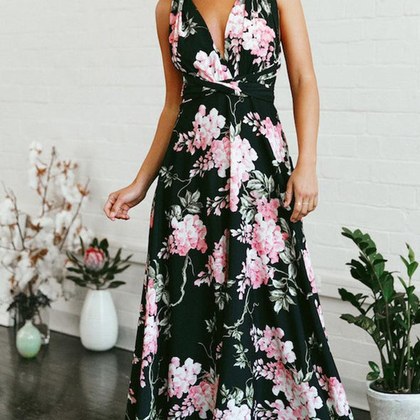 Chiffon Sleeveless Print Bandage V Neck Floral Dresses