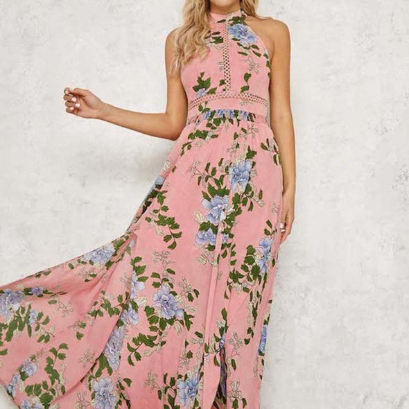 Chiffon Cold Shoulder Print High Neck Collar Split Floral Dresses