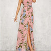 Chiffon Cold Shoulder Print High Neck Collar Split Floral Dresses