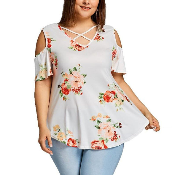 Chiffon Cold Shoulder Print V Neck Openwork Plus Size Tops