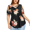 Chiffon Cold Shoulder Print V Neck Openwork Plus Size Tops