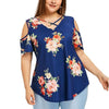 Chiffon Cold Shoulder Print V Neck Openwork Plus Size Tops