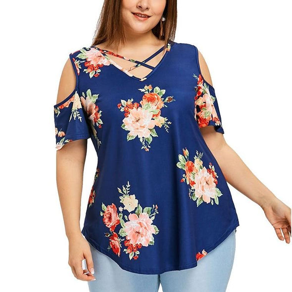 Chiffon Cold Shoulder Print V Neck Openwork Plus Size Tops