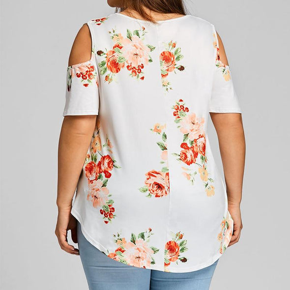 Chiffon Cold Shoulder Print V Neck Openwork Plus Size Tops