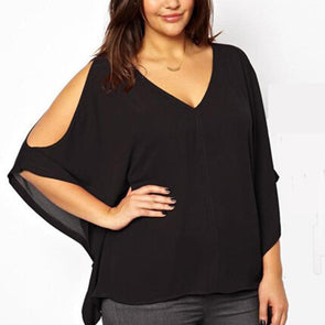 Chiffon Short Dolman Sleeve V Neck Openwork Plus Size Tops