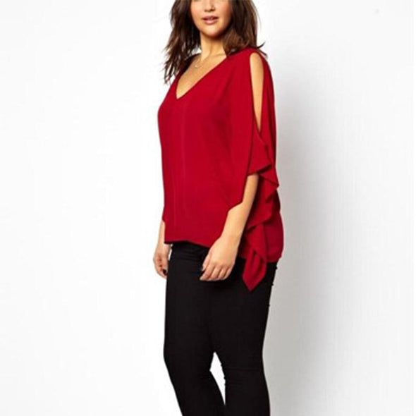 Chiffon Short Dolman Sleeve V Neck Openwork Plus Size Tops