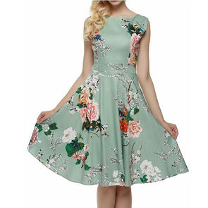 Cotton Print Round Neck High Waist Green Floral Dresses