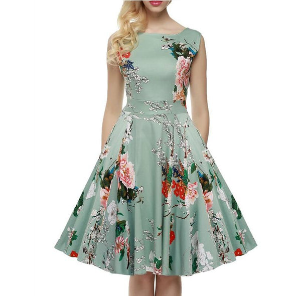 Cotton Print Round Neck High Waist Green Floral Dresses