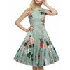 Cotton Print Round Neck High Waist Green Floral Dresses