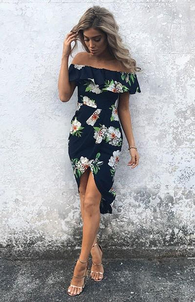 Chiffon Print Off Shoulder Split Maxi Dresses