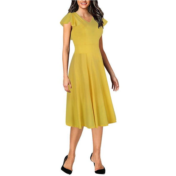 Cotton Short Sleeve V Neck Middle Waist Evening Dresses