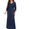 3/4 sleeve dark blue V neck Plus size maxi Dresses