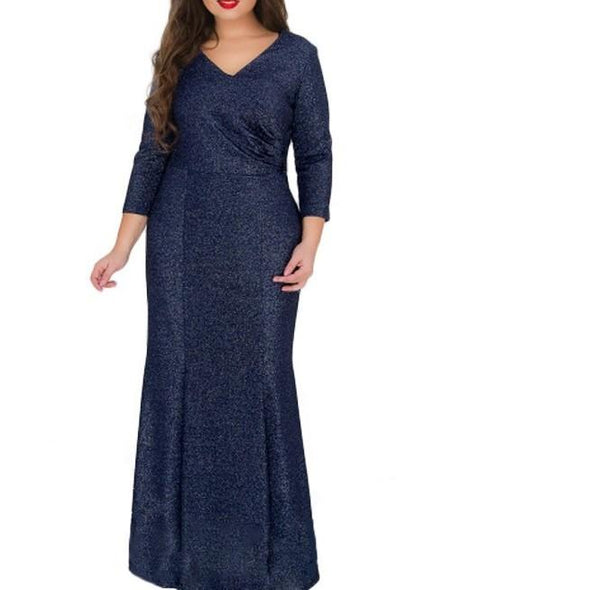 3/4 sleeve dark blue V neck Plus size maxi Dresses