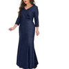 3/4 sleeve dark blue V neck Plus size maxi Dresses