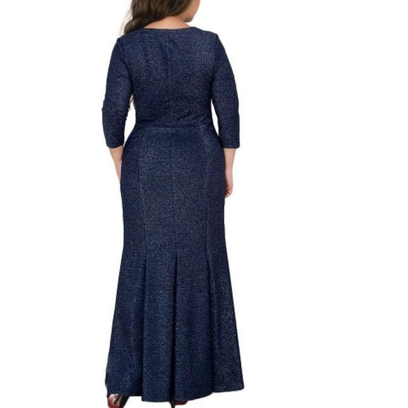 3/4 sleeve dark blue V neck Plus size maxi Dresses