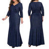 3/4 sleeve dark blue V neck Plus size maxi Dresses