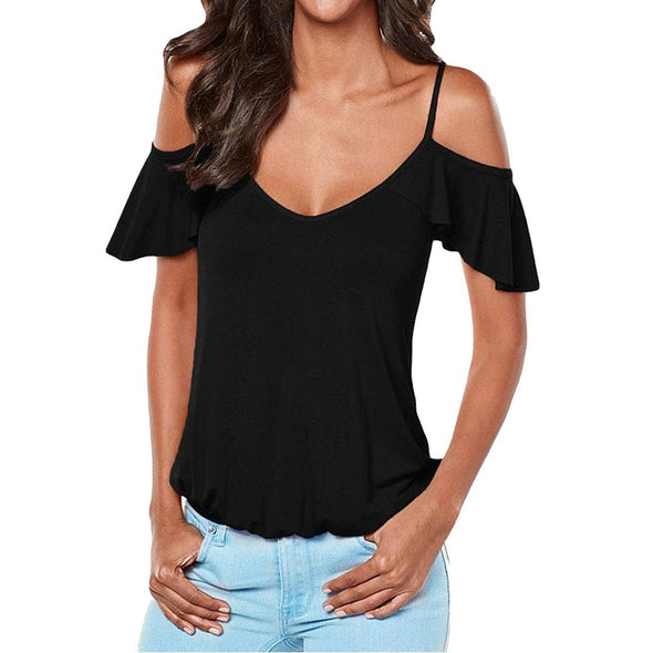 Cross Back Short Lotus Leaf Sleeve Cold Shoulder T-shirt