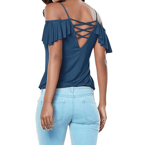 Cross Back Short Lotus Leaf Sleeve Cold Shoulder T-shirt