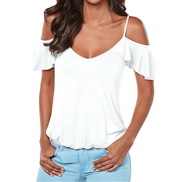 Cross Back Short Lotus Leaf Sleeve Cold Shoulder T-shirt