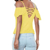 Cross Back Short Lotus Leaf Sleeve Cold Shoulder T-shirt