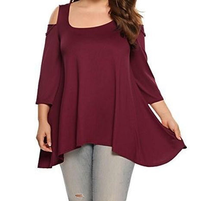 3/4 sleeve Cold Shoulder Solid Color Round neck Summer Plus size Tops