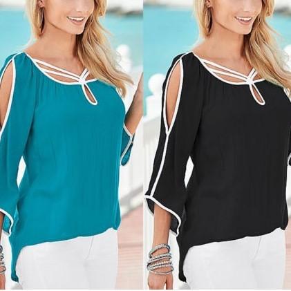 Women Cold Shoulder V neck Openwork T-shirt