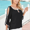 Women Cold Shoulder V neck Openwork T-shirt