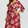 3/4 sleeve Print Knee length V neck High waist Plus size casual Dresses