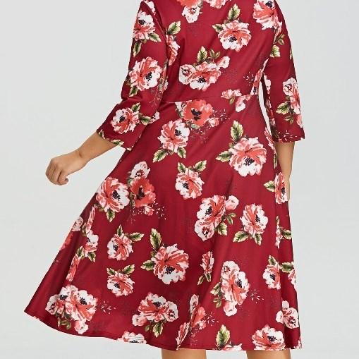 3/4 sleeve Print Knee length V neck High waist Plus size casual Dresses