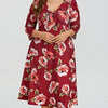 3/4 sleeve Print Knee length V neck High waist Plus size casual Dresses