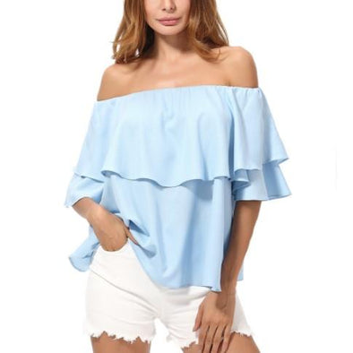 Chiffon Lotus leaf sleeve Off Shoulder Patchwork Blouses